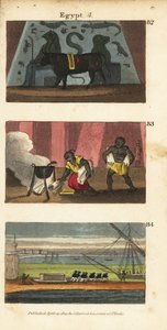Antike ägyptische Götzenfigur Osiris als Ochse, Omar der Sarazene verbrennt die Bibliothek von Ptolemaios Soter im Jahr 642 und Napoleons Truppen bringen das Grab Alexanders weg