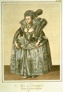 Anne von Dänemark (1574-1619) Ehefrau von James I., Illustration aus The Complete View of the Dress and Habits of the People of England Volume II, veröffentlicht 1799