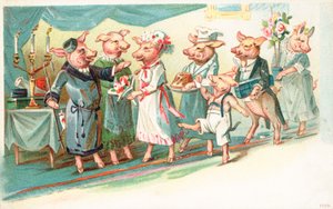 Anthropomorphe Schweine werden bei einer Party begrüßt von English School