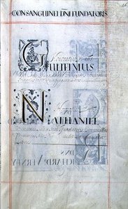 Archiv 3693 f.46 Seite mit drei Wohltätern des New College, Oxford: Gulielmus, Nathaniel, aus einem Benefizbuch von English School