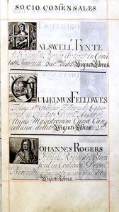 Seite mit drei Wohltätern des New College, Oxford; Halswell Tynte, Gulielmus Fellowes und Johannes Rogers, aus einem Benefizbuch