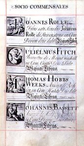 Seite mit vier Wohltätern des New College, Oxford; Joannes Rolle, Gulielmus Fitch, Thomas Hobbs Weeks und Johannes Bassett, aus einem Benefizbuch von English School