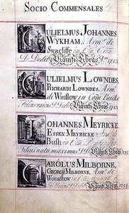 Archiv 3693 f.94v Seite mit vier Wohltätern des New College, Oxford; Gulielmus Johannes Wykham, Gulielmus Lowndes, Johannes Meyricke und Carolus Milborne