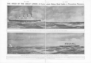 Artikel über die Geschwindigkeit der großen Liner: Ein Faktor, der Scheinwerfer und andere Vorsichtsmaßnahmen notwendig macht, aus The Sphere, 04. Mai 1912
