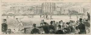 Australische Cricketspieler im Kennington Oval: Lord Harris (Kapitän des englischen Teams) rettet einen 4er von English School