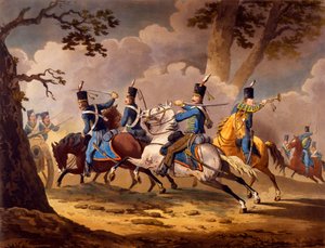 Österreichische Infanterie verteidigt ihre Artillerie gegen preußische Husaren, aus der Serie Kavallerieaktionen der Alliierten während der napoleonischen Feldzüge, veröffentlicht 1799-1802