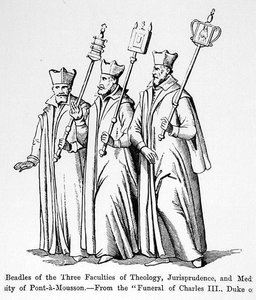 Pedelle der drei Fakultäten Theologie, Rechtswissenschaft und Medizin, aus Die Beerdigung von Karl III. (1543-1608) Herzog von Lothringen, Illustration aus Wissenschaft und Literatur im Mittelalter und der Renaissance von English School