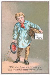 Junge liefert Geschenkkorb, Weihnachtskarte von English School