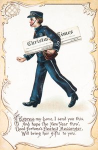 Junge liefert Weihnachtszeitung aus, Weihnachtskarte von English School