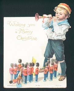 Junge spielt mit Zinnsoldaten und bläst Trompete, Weihnachtskarte