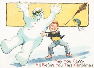 Junge schiebt Schneemann auf Eis, Weihnachtskarte