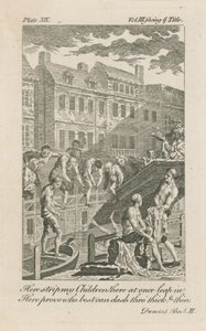 Jungen baden im Fleet Ditch bei der Bridewell Bridge im Jahr 1728 von English School