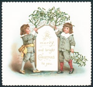 Jungen hängen Mistelzweig auf, Weihnachtskarte