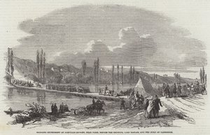Brückenexperiment in Joinville-le-Pont, nahe Paris, vor dem Kaiser, Lord Raglan und dem Herzog von Cambridge (Gravur) von English School
