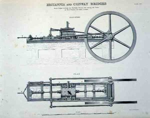 Britannia- und Conway-Brücken: Dampflokomotive, die die hydraulischen Pressen zum Heben der Röhren betreibt, von Messrs Easton und Amos aus London von English School