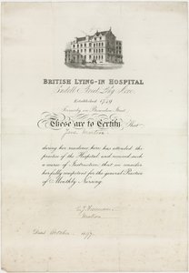 British Lying-In Hospital. Pflegezertifikat von English School