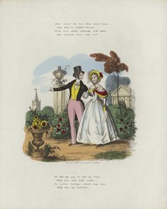 Britische Valentinskarte mit einem Bild eines Mannes und einer Frau, die in einem Garten spazieren von English School
