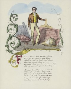 Britische Valentinskarte mit einem Bild eines Mannes, der eine Mauer baut