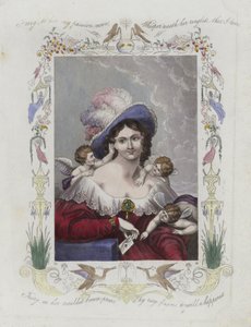 Britische Valentinskarte mit einem Bild einer Frau umgeben von Cherubinen