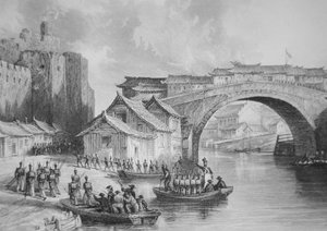 Britische Truppen landen am Westtor von Ching Keang während der Opiumkriege, Illustration nach einer Augenzeugenskizze von Captain Stoddard