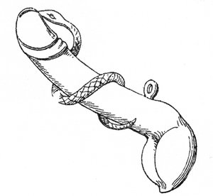 Bronzeamulett, das einen von einer Schlange umgebenen Phallus darstellt
