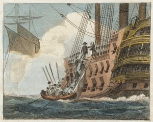 Buonaparte ergibt sich den Engländern (farbige Gravur)