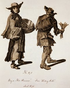 Kauft einen neuen Almanach! Feine Schreibfarbe!, Illustration von Straßenverkäufern um 1675