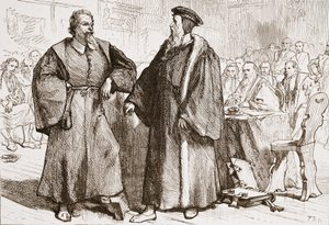 Calvin und Servetus vor dem Rat von Genf, Illustration aus Die Geschichte des Protestantismus von James Aitken Wylie, veröffentlicht 1878 von English School