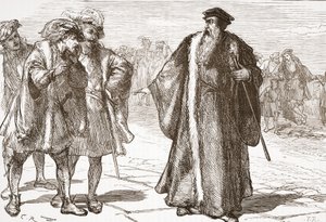 Calvin wird von den Libertinern auf der Rhonebrücke beleidigt, Illustration aus Die Geschichte des Protestantismus von James Aitken Wylie, veröffentlicht 1878