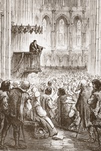Calvin predigt seine Abschiedspredigt in Erwartung der Verbannung, Illustration aus Die Geschichte des Protestantismus von James Aitken Wylie, veröffentlicht 1878 von English School