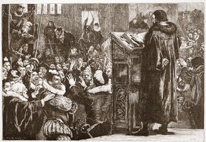 Calvin wird in der Kirche von Rive bedroht, Illustration aus Die Geschichte des Protestantismus von James Aitken Wylie, veröffentlicht 1878 von English School