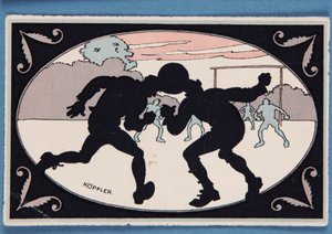 Karte mit Silhouette von zwei Spielern, die einen Ball köpfen