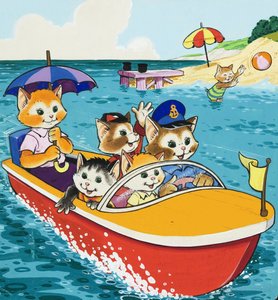 Katzenfamilie im Motorboot von English School