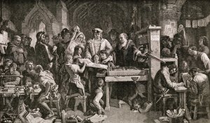 Caxton (ca. 1422-91) zeigt König Edward IV. Druckproben in der Almonry in Westminster, 1858