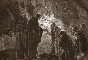 Feier des Abendmahls durch Calvin und seine Mitprotestanten in der Grotte von Poictiers, Illustration aus Die Geschichte des Protestantismus von James Aitken Wylie, veröffentlicht 1878