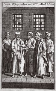 Bestimmte Bischöfe sprechen mit Mr. Bradford im Gefängnis, Illustration aus Foxes Märtyrer, ca. 1703