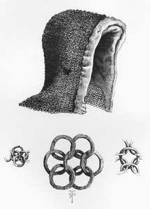 Kettenhaube und Beispiel für ineinandergreifende Kettenrüstung, ca. 1120 n. Chr., aus The British Army: Its Origins, Progress and Equipment, veröffentlicht 1868.
