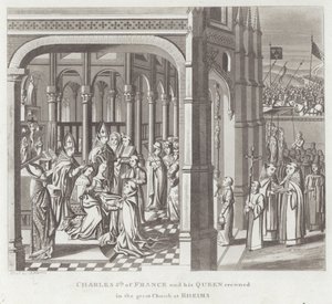 Karl V. von Frankreich und seine Königin in der großen Kirche von Reims gekrönt von English School
