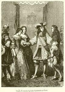 Karl II. stellt Lady Castlemaine am Hof vor von English School