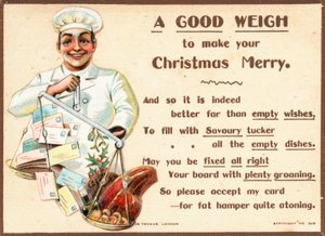 Koch wiegt Briefe und Lebensmittel auf Waage, Weihnachtskarte von English School