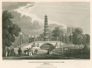 Chinesische Pagode und Brücke, St Jamess Park, London, wie sie am 1. August 1814 erschien