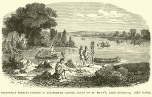 Chippeway-Indianer beim Fischen in Birkenrinden-Kanus, Sault de St Marys, Oberer See