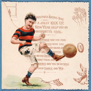Weihnachtskarte mit einem Fußballspieler, der einen Ball tritt, ca. 1890er