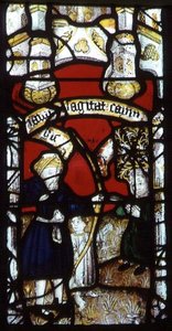 Kirchenfenster, das Kain zeigt, der von Lamech erschossen wird