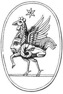 Klassisches griechisches Juwel in Form von Pan, verbunden mit einem Hahn, einem Widder und der Sonne