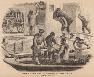 Kohlenarbeiter füllen Waggons am Kohlenlager von English School