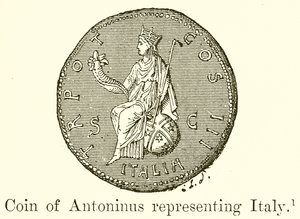 Münze des Antoninus, Italien darstellend