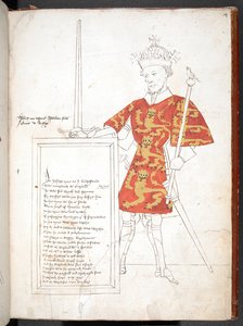 Farbzeichnung eines englischen Königs in Rüstung und Wappenrock (König John), der eine Tafel mit Versen präsentiert. Unvollendet.
