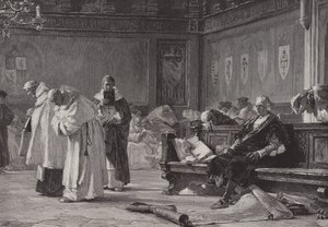 Kolumbus vor dem Rat von Salamanca (Gravur) von English School
