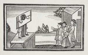Verurteilt, eine Stunde oder länger im Pranger zu stehen, Illustration aus Chap-books des achtzehnten Jahrhunderts von John Ashton, veröffentlicht 1882